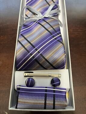 Men’s DiBanGu 4 Pc Silk Necktie Set With Pocket Square Tie Clip Cufflinks